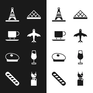 Set Plane, Coffee cup, Eiffel tower, Louvre museum, French beret, Wine glass Illustrazione stock