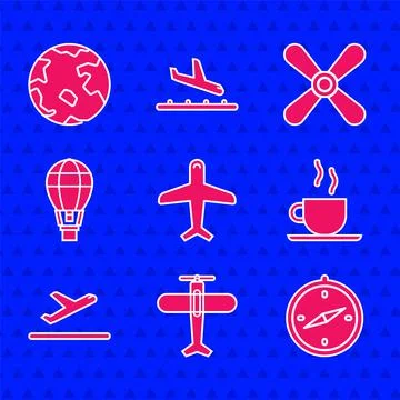 Set Plane, Compass, Coffee cup, takeoff, Hot air balloon, propeller and Stock Illustration