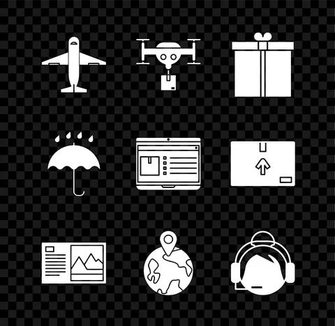 Set Plane, Delivery drone with the package, Gift box, Postcard, Worldwide Stock Illustration