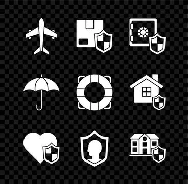 Set Plane, Delivery security with shield, Safe, Life insurance, House, Umbr.. Stock Illustration