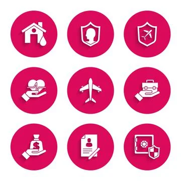 Set Plane, Document with shield, Safe, Hand holding briefcase, Money hand, Life Illustrazione stock