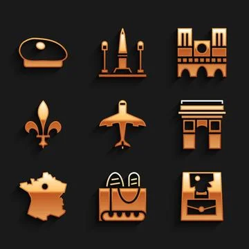 Set Plane, French baguette bread, Handbag, Triumphal Arch, Map of France, F.. Stock Illustration