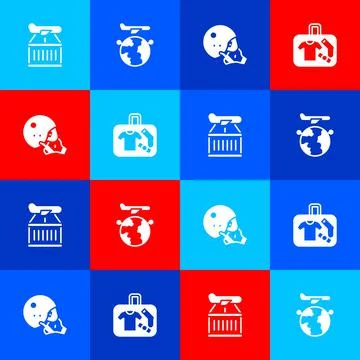 Set Plane, Globe with flying plane, Modern pilot helmet and Suitcase icon Illustrazione stock