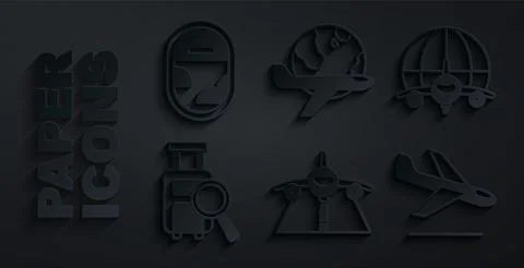 Set Plane, Globe with flying plane, Lost baggage, landing, and Airplane window Stock Illustration