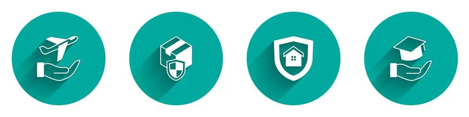 Set Plane in hand, Delivery security with shield, House and Education grant icon Stock Illustration