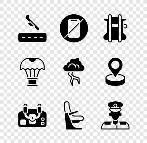 Set Plane landing, No cell phone, Parachute, Aircraft steering helm, Airplane イラスト素材