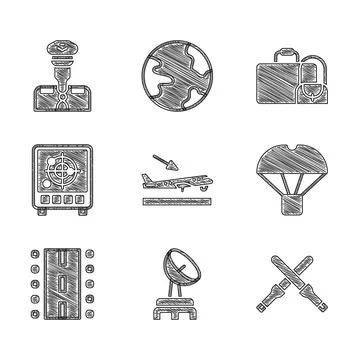 Set Plane landing, Radar, Marshalling wands, Box flying on parachute, Airport Stock Illustration