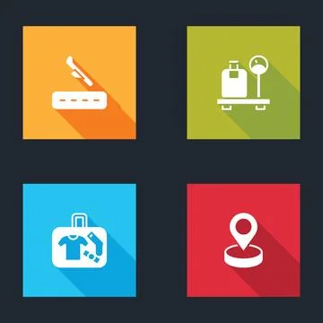 Set Plane landing, Scale with suitcase, Suitcase and Location icon. Vector Stock Illustration