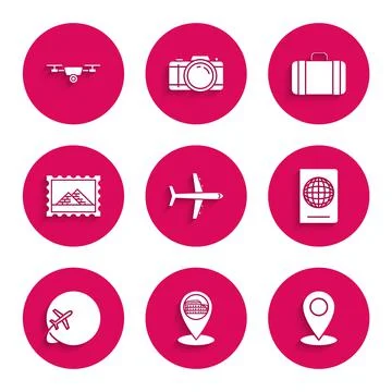 Set Plane, Map pointer with Coliseum in Rome, Italy, pin, Passport biometric Stock Illustration