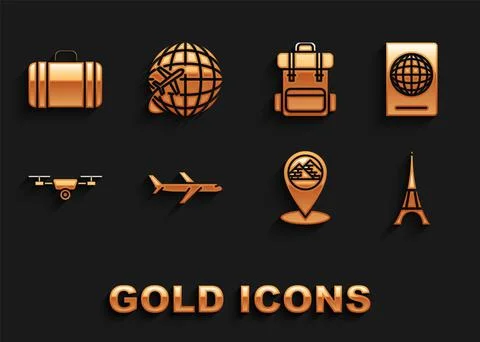 Set Plane, Passport with biometric data, Eiffel tower, Map pointer Egypt pyra Illustrazione stock