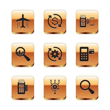 Set Plane, POS terminal, Algorithm, Gear and arrows as workflow, Magnifying Stock Illustration