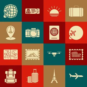 Set Plane, Postal stamp and Coliseum, Globe with flying plane, Sunset, Photo Stock Illustration