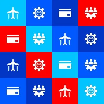 Set Plane, Product development, Credit card and Project team base icon. Vector Stock Illustration