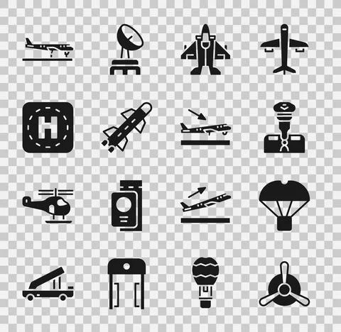 Set Plane propeller, Box flying on parachute, Pilot, Jet fighter, Rocket Stock Illustration