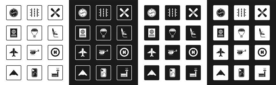 Set Plane propeller, Box flying on parachute, Passport, Compass, Airplane seat Illustrazione stock
