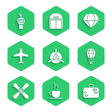 Set Plane propeller, Coffee cup, Suitcase, Hot air balloon, Parachute and Radar Stock Illustration