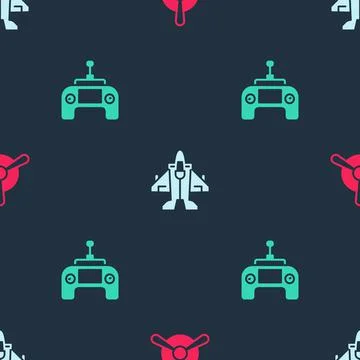 Set Plane propeller, Jet fighter and Drone remote control on seamless pattern Stock Illustration