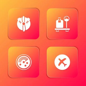 Set Plane propeller, Scale with suitcase, Radar targets on monitor and icon Illustrazione stock