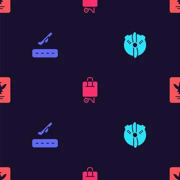 Set Plane propeller, takeoff, Suitcase and Passport on seamless pattern. Vector Stock Illustration