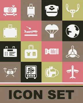 Set Plane, propeller, Worldwide, Pilot hat, landing, Suitcase, Fuel tanker truck Illustrazione stock