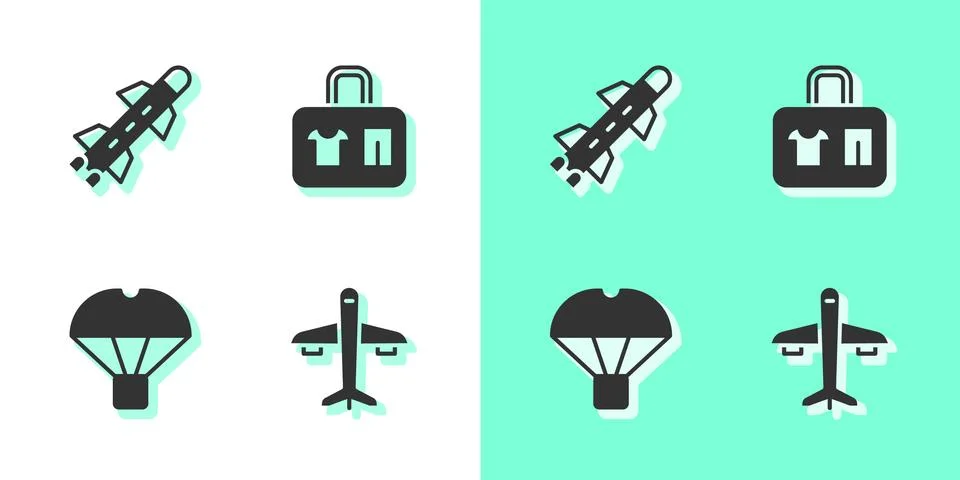 Set Plane, Rocket, Box flying on parachute and Suitcase icon. Vector イラスト素材