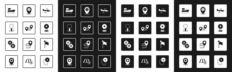 Set Plane, Route location, Push pin, Ship line path, Map pointer with star, L Stockillustratie