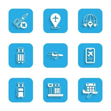 Set Plane, Scale with suitcase, Calendar and airplane, Mobile ticket, Suitcas Illustration