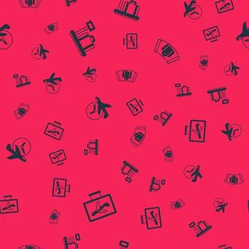 Set Plane, Scale with suitcase, Flight time and Conveyor belt on seamless Stock Illustration