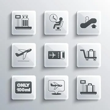 Set Plane, Scale with suitcase, Trolley baggage, Airline ticket, Liquids carry 스톡 일러스트