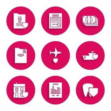 Set Plane with shield, Document graph chart, Tooth, Ship, House, Personal folder Stock Illustration