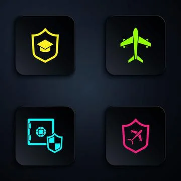 Set Plane with shield, Graduation cap, Safe and . Black square button. Vector Stock Illustration