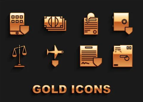 Set Plane with shield, Safe, Ordered envelope, Contract, Scales of justice, File Illustrazione stock