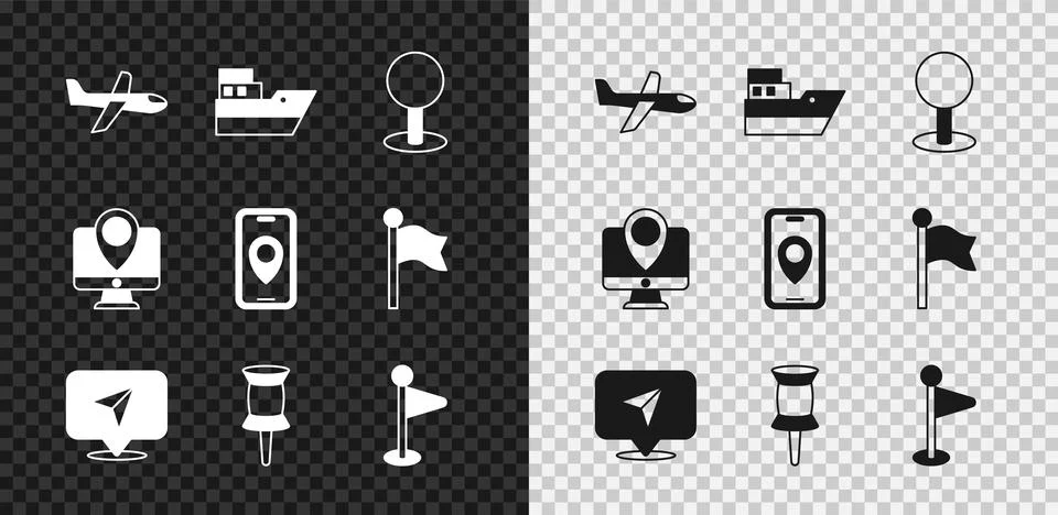 Set Plane, Ship line path, Push pin, Infographic of city map navigation Stock Illustration
