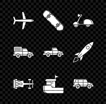 Set Plane Skateboard Scooter Formula race car Fishing boat Off road Delivery  Stock Illustration