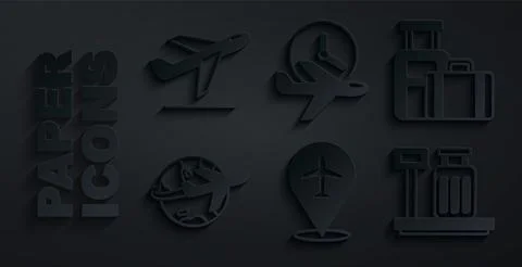 Set Plane, Suitcase, Globe with flying plane, Scale suitcase, Flight time and Stock Illustration