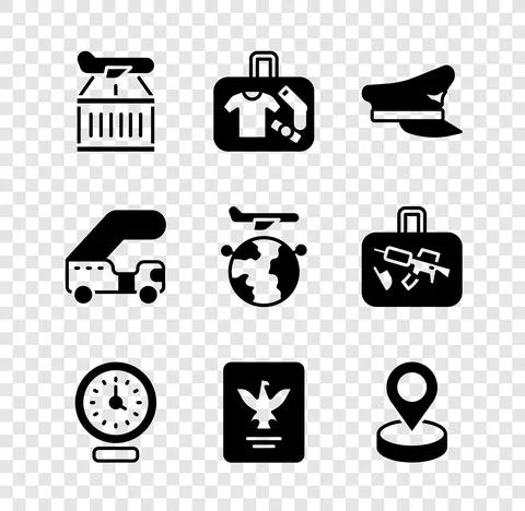 Set Plane, Suitcase, Pilot hat, Clock, Passport, Location, Passenger ladder and Illustrazione stock