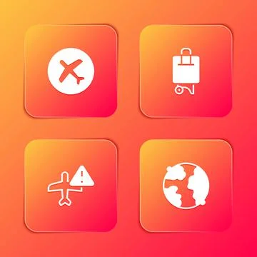 Set Plane, Suitcase, Warning aircraft and Worldwide icon. Vector Illustration