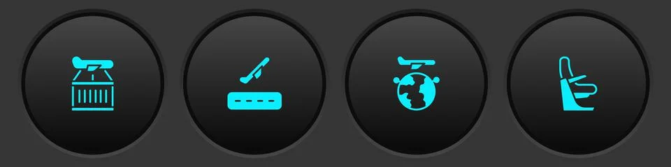 Set Plane, takeoff, Globe with flying plane and Airplane seat icon. Vector Stock Illustration