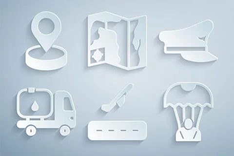 Set Plane takeoff, Pilot hat, Fuel tanker truck, Parachute, World travel map and Stock Illustration