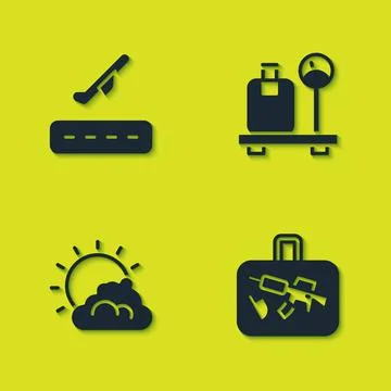 Set Plane takeoff, Suitcase, Sun and cloud weather and Scale with suitcase icon 스톡 일러스트