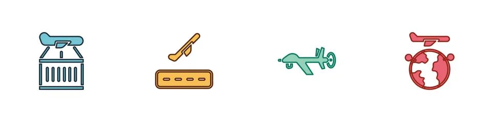 Set Plane, takeoff, UAV Drone and Globe with flying plane icon. Vector Stock Illustration