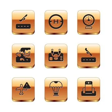 Set Plane takeoff, Warning aircraft, Box flying on parachute, Aircraft steering Illustrazione stock