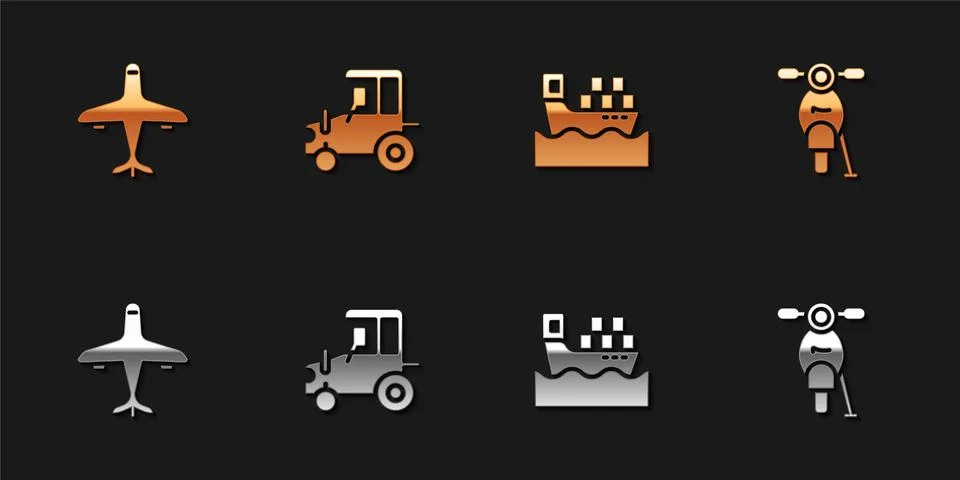Set Plane, Tractor, Cargo ship with boxes and Scooter icon. Vector 스톡 일러스트