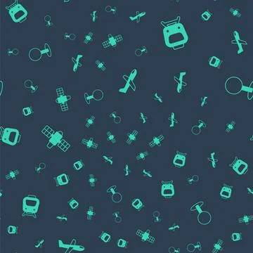 Set Plane, Train, Satellite and Push pin on seamless pattern. Vector Illustrazione stock