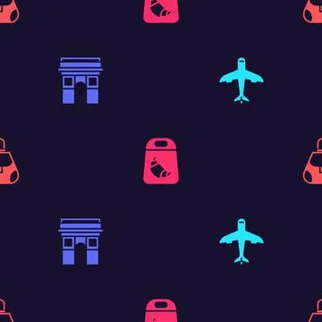 Set Plane, Triumphal Arch, Croissant package and Handbag on seamless pattern Stock Illustration