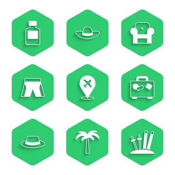 Set Plane, Tropical palm tree, Ski and sticks, Suitcase, Man hat with ribbon Stock Illustration