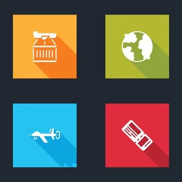 Set Plane, Worldwide, UAV Drone and Airline ticket icon. Vector 库存插图
