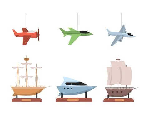 Set of planes and boats vector flat illustration isolated on white background Stock Illustration