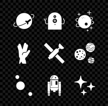 Set Planet, Alien, Solar system, Robot, Falling star, Vulcan salute and Sat.. 库存插图