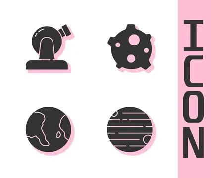 Set Planet, Astronomical observatory, Earth globe and Asteroid icon. Vector Illustrazione stock